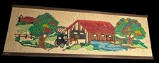MCM 1960’s Pebble Art & Textile Covered Bridge Horse Buggy Landscape Scene picture