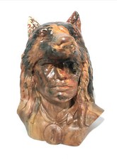 Native American Bust Statue-Brave W/ Wolf Head Dress-Artist Signed-Clay-12”x9” picture