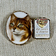 Vintage Cat Lovers of America Member Pin & Oval Porcelain Cameo Brooch Lot picture