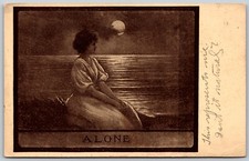 1909 ALONE Moonlight Girl Sitting By Water Romantic Scene RED2c ANTIQUE Postcard picture