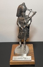 Piper O.H.C.C. 1995 Signed Bagpiper Metal Figurine Wood Base 8.5 Inch picture