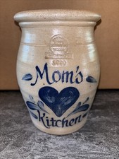 1990 Rowe Pottery Works, Salt Glaze Crock W/ Blue Heart MOM’s KITCHEN 6.5” Tall picture