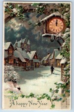 1907 New Year Winter Scene Clock Houses Embossed Clymer NY Antique Postcard picture