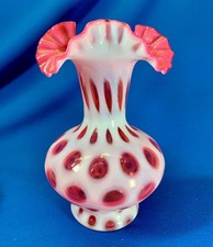 FENTON CRANBERRY OPALESCENT COIN DOT RUFFLED VASE 10.75