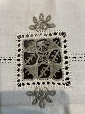 NOS Vintage Italian Linen Tablecloth 6 Napkins Punto Antico Buratto Lace 50x67 picture