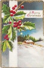 Antique E. Nash Christmas Postcard Holly Winter Cottage c1910 Embossed picture