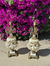 Pair Carl Falkenstein Milk Glass Lamps Mid Century 38in Hollywood Regency picture