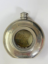 Vintage Comoy’s Of London 7 Oz English Pewter Sailboat Flask Round Porthole DsVa picture