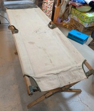 Vintage US Military Cot Folding Military Bed Canvas Wood Frame w/o End Sticks picture