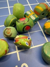 13 Antique Venetian Green Lampwork African Trade Beads Eye King Fancy Mixed picture