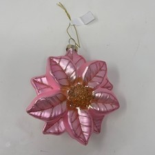 Pink Poinsettia Glass Christmas Ornament w/ Glitter ~4.5in picture