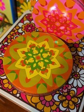 Orange Yellow Green Psychedelic Tin Canister Groovy Retro Vintage 1970s 70s Mcm picture