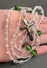 VTG Rosary Necklace Crystal Glass Beads Green Cat's Eye Hematite Crucifix 26” picture