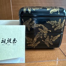 Aizu Whitewood Lacquerware 2-Tier Small Box Vintage Unused Black Gold Design picture
