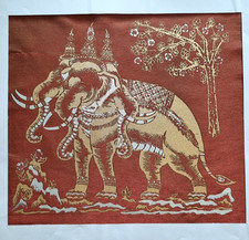 Thailand Lucky Elephant 3 Heads Dressing War Thai Art Silk Painting Vtg Red 10