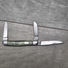 Vintage UK&R Co Utica NY 3 Blade Stockman Pocket Knife Green Handles USA picture