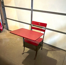 Vintage Student School Chair w/ Attached Writing Tablet Desk, Red Metal picture