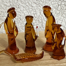 Vintage Amber Glass Nativity Set 7-Piece Mary Joseph Wise Men Donkey Horse As Is picture