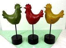 Set of 3 Country Folk Art Chicken Figures Green Red Yellow Farmhouse Hen Rooster picture