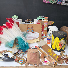 Cherokee Native American Mixed Lot: Plaque & Handmade Drum & headdress  picture