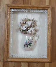 Vintage 3D Floral Shadow Box Wall Art Ceramic Pitcher Lace Oak Frame Cottagecore picture