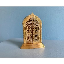 Vintage Gothic Brass Travel Shrine Ornate Gold Filigree Cathedral Pocket Altar picture