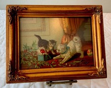 Framed Antique Victorian Ephemera, Print, Kitty Cat, Puppy Dog, Jack In Box picture