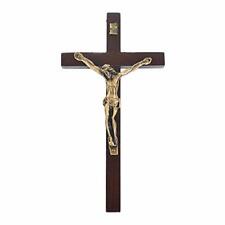 Vintage Wooden Metal Wall Cross Crucifix Holy Religious Carved Christ Dark Brown picture