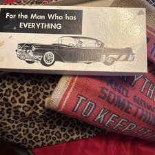 Vintage Burlap Novelty Gift Bag for “Man Who Has Everything “ w/ Original Box picture
