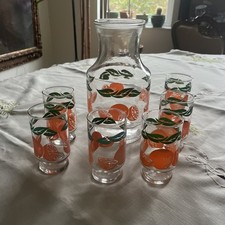 Vintage Anchor Hocking Orange Juice Carafe Set With Six Glasses Mid Century picture