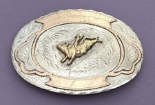 VTG HUGE 5” Old Unbranded Western Rodeo Bull Rider 2 Banner Trophy Belt Buckle picture