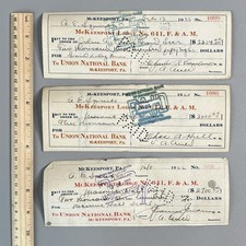 Vtg 1922-25 High Value $8058 Masonic Hall Stock Canceled Checks Lot 3 McKeesport picture