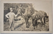 Vintage Postcard RPPC Man In Overalls With Two Horses 1908 AA84 picture