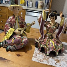 Vintage Asian Geisha Musician & Dancer Figurines Set Hand Painted Floral picture