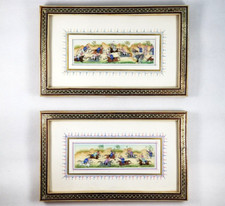 Pair of Near Eastern Watercolor Paintings Polo Players Scene in Marquetry Frame picture