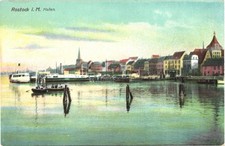 Rostock Germany Panorama of Harbor Boats and Barges Vintage Postcard picture