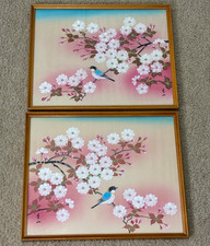 2 VTG MCM Signed Blue Bird on Cherry Blossom Tree Japanese Framed 14x17 Artwork picture