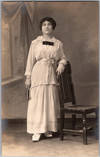 Antique RPPC Real Photo Postcard Standing Woman Edwardian Dress Bow Accent AZO picture