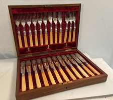 Antique Hamilton Laidlaw Glasgow Cutlery Set Silverplate W/Ornate Blades W/Case picture