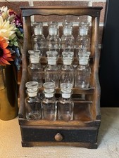 Vintage MCM Wood Spice Rack Drawer w/ 11 Apothecary Glass Jars Made in Japan picture