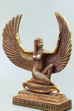 Golden Large Statue of Isis Hand Painted Stone Open Wings Made in Egypt picture