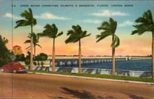 Bradenton FL - Green Bridge to Palmetto, Looking North - Linen Postcard - c1945 picture