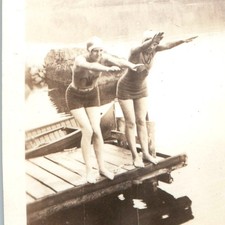 c1920s Barefoot Women Bathing Suits Diving Dock Lake Snapshot Photo Swimwear Vtg picture