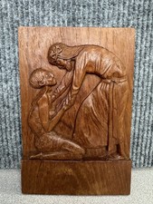 Vintage Hand Carved Wood Jesus Healing Leper Relief Wall Plaque picture