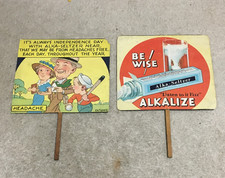 2 Vntg 1930s Alka-Seltzer Cardboard Adv Hand Fans GW French, Headache & Fizz picture