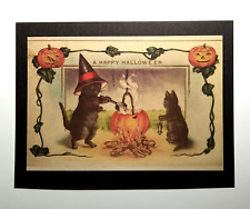*Halloween* Postcard: Black Cats, Cauldron, Mouse Vintage Image~Reproduction picture