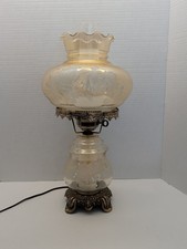 Vintage Hurricane Lamp Amber Smokey Glass Etched White Roses 3-Way Electric GWTW picture