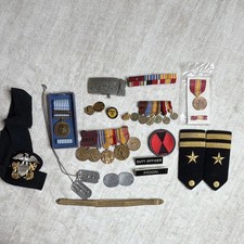 WWII & Korea US Navy Named Veteran Charles Mims Moon Medal Dog Tag Uniform Lot picture