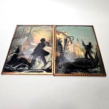 Lot of 2 Vintage Reverse Painted Convex Glass Art 1930s Gondola Victorian Couple picture