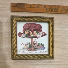 Vintage Miniature Framed Victorian Floral Hat Art Print Gold Ornate Frame 6x6 picture